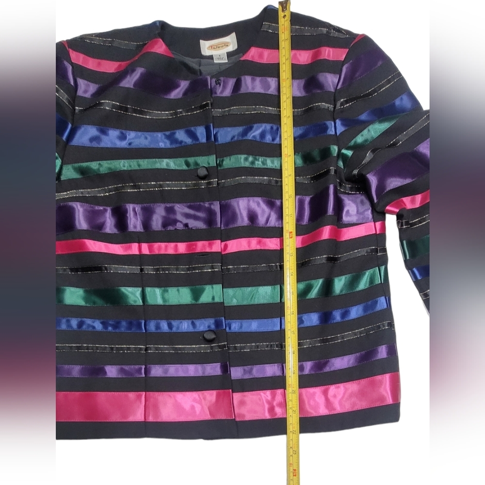 🥰TALBOTS 4  BLAZER DRESSY JACKET BLACK RAINBOW SATIN RIBBON STRIPE GOLD THREAD - Picture 7 of 11